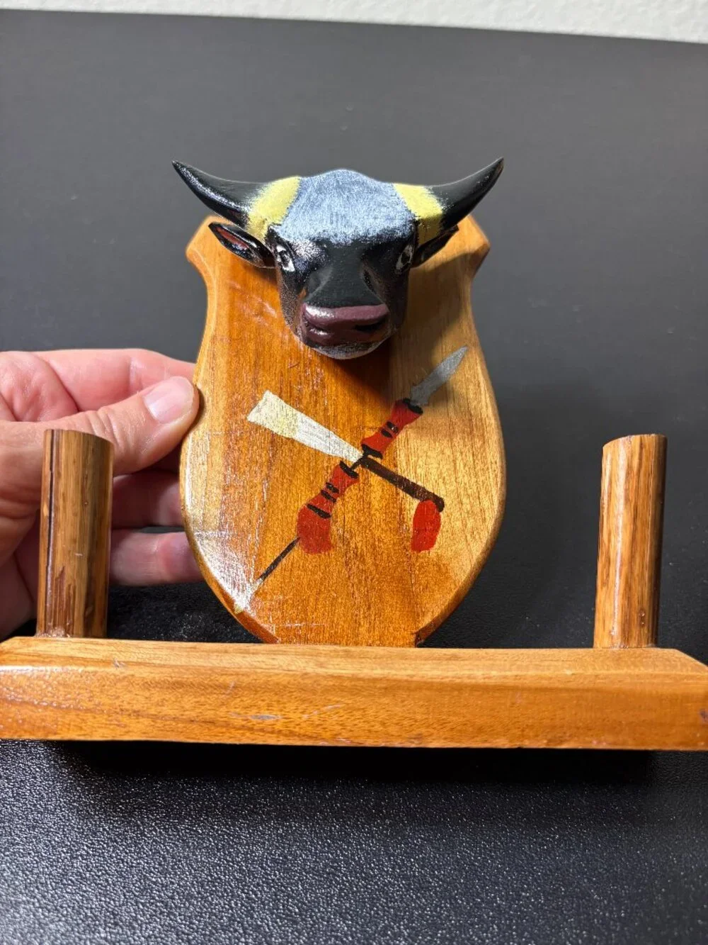 Vintage Primitive Wooden Longhorn Wester Desktop Pencil/Pen Holder Folk Art
